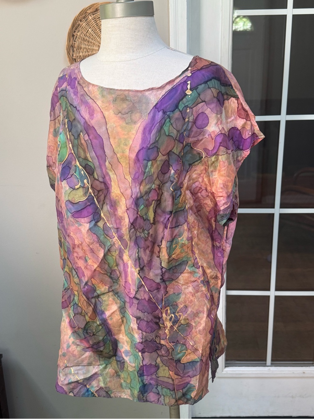 Boho 100% Silk Abstract Watercolor Short Sleeve Blouse Top One Size